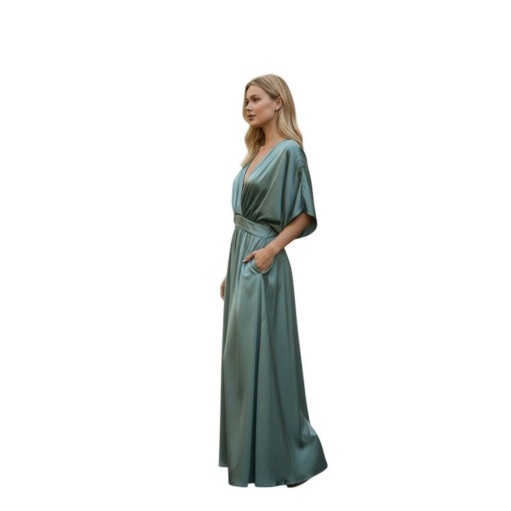 Anthropologie Grade & Gather V-Neck Satin Simpilicity High Slit Midi *Dress Sz S